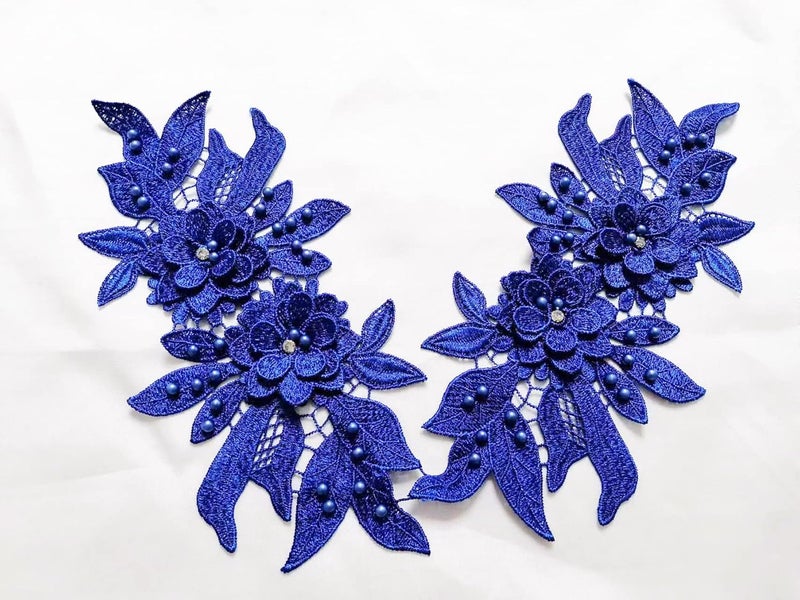 Ruinuo 3D Lace Beads Flower Applique Patches Sew on Patches Embroidery Appliques Rhinestone Sewing Wedding Dress Collar Decor Blue - Image 1
